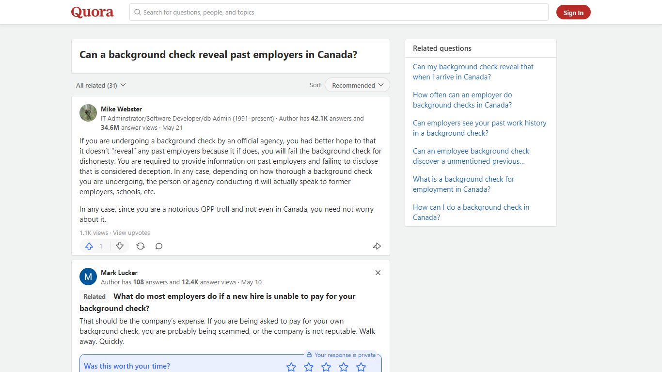 Can a background check reveal past employers in Canada?